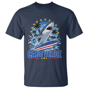 Cabo Verde Surfing Blue Shark Surfboard T Shirt Cape Verde Flag Tropical Ocean Wave TS02 Navy Print Your Wear