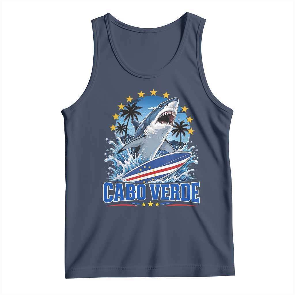 Cabo Verde Surfing Blue Shark Surfboard Tank Top Cape Verde Flag Tropical Ocean Wave TS02 Navy Print Your Wear