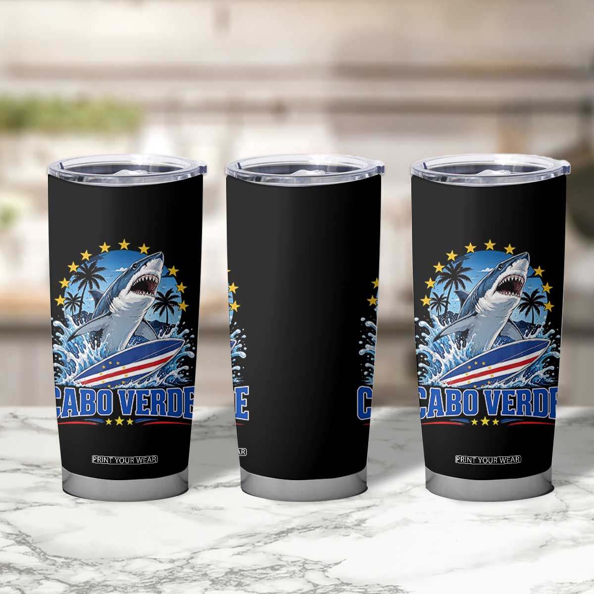 Cabo Verde Surfing Blue Shark Surfboard Tumbler Cup Cape Verde Flag Tropical Ocean Wave TS02 Print Your Wear
