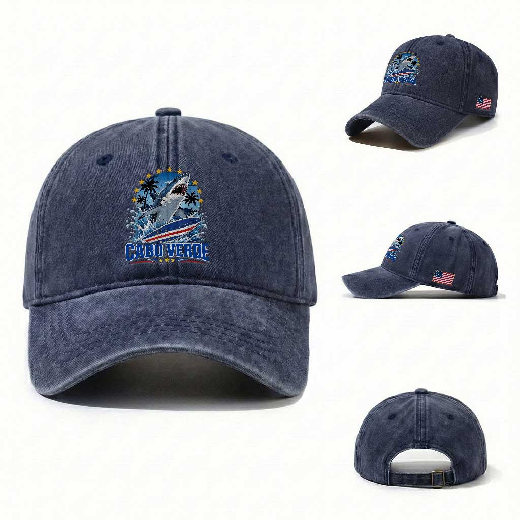 Cabo Verde Surfing Blue Shark Surfboard Washed Cotton Baseball Cap Cape Verde Flag Tropical Ocean Wave TS02 Washed Cap Universal Fit Navy Print Your Wear