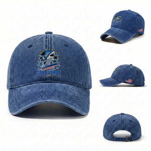 Cabo Verde Surfing Blue Shark Surfboard Washed Cotton Baseball Cap Cape Verde Flag Tropical Ocean Wave TS02 Washed Cap Universal Fit Royal Blue Print Your Wear