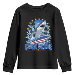 Cabo Verde Surfing Blue Shark Surfboard Youth Sweatshirt Cape Verde Flag Tropical Ocean Wave TS02 Black Print Your Wear