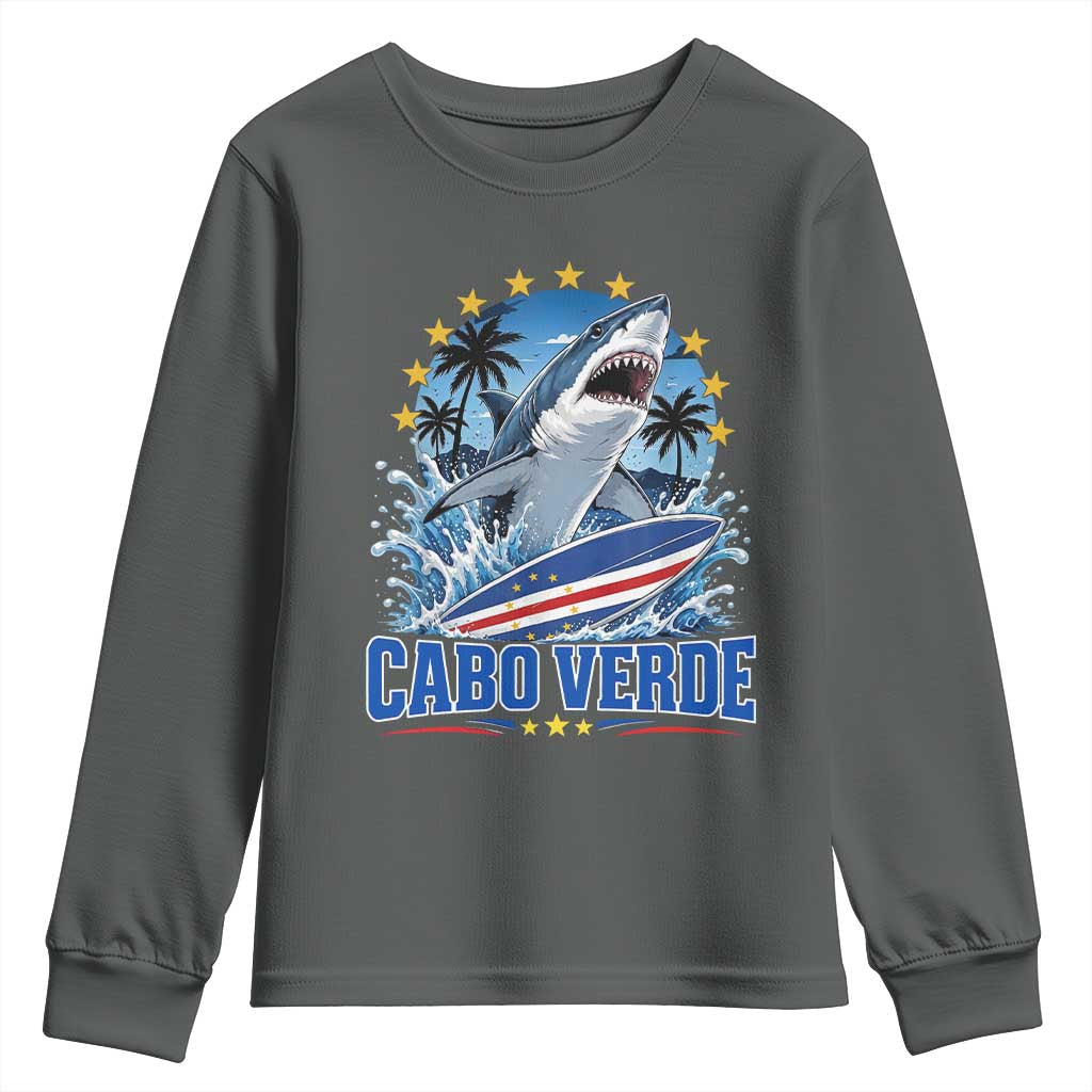 Cabo Verde Surfing Blue Shark Surfboard Youth Sweatshirt Cape Verde Flag Tropical Ocean Wave TS02 Dark Heather Print Your Wear