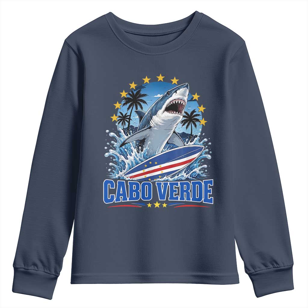 Cabo Verde Surfing Blue Shark Surfboard Youth Sweatshirt Cape Verde Flag Tropical Ocean Wave TS02 Navy Print Your Wear