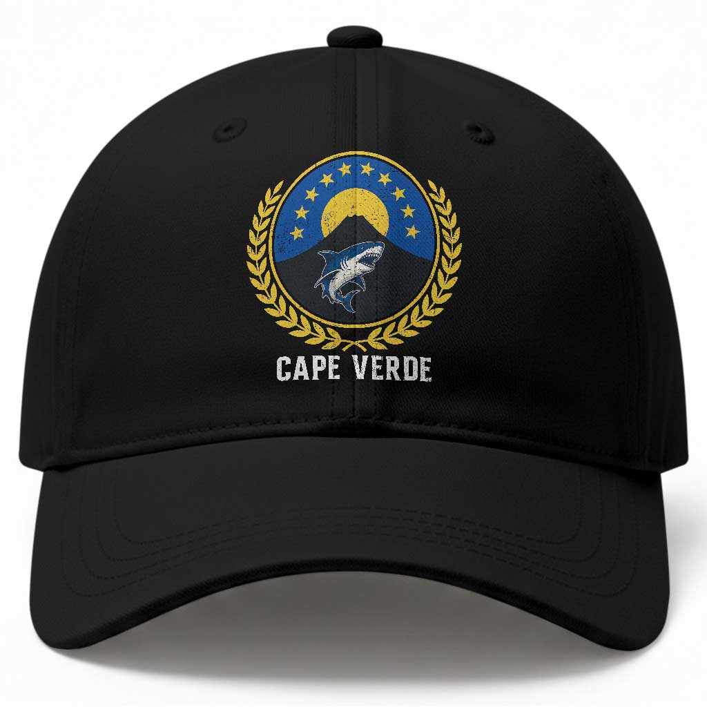 Cape Verde Volcano Blue Sharks Gold Laurel Crest Graphic Baseball Cap Retro Cabo Verde Heritage Pride TS02 Print Your Wear