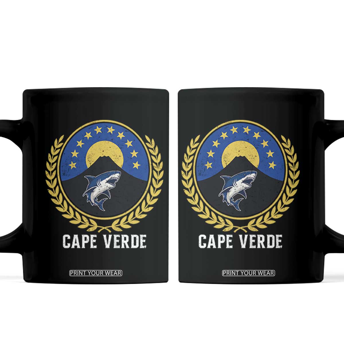 Cape Verde Volcano Blue Sharks Gold Laurel Crest Graphic Coffee Mug Retro Cabo Verde Heritage Pride TS02 Black Print Your Wear
