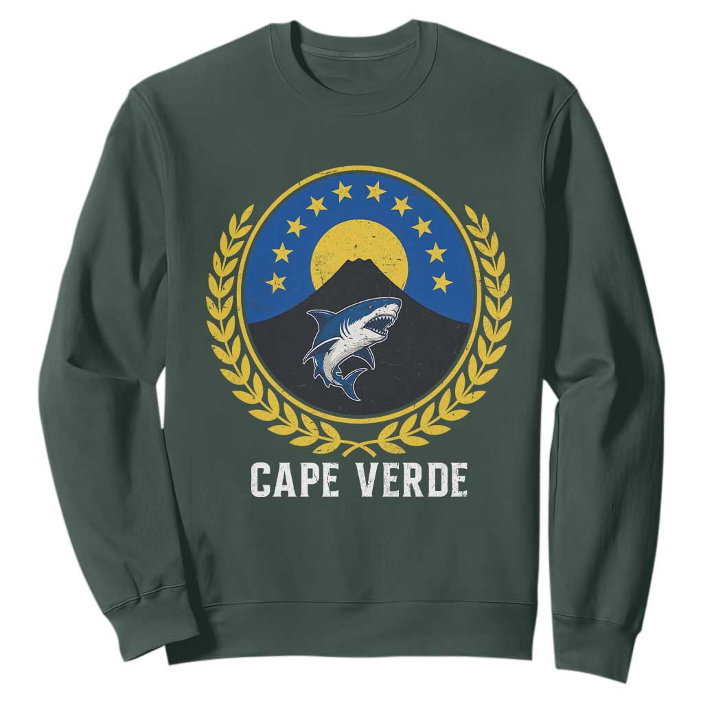 Cape Verde Volcano Blue Sharks Gold Laurel Crest Graphic Sweatshirt Retro Cabo Verde Heritage Pride TS02 Dark Forest Green Print Your Wear