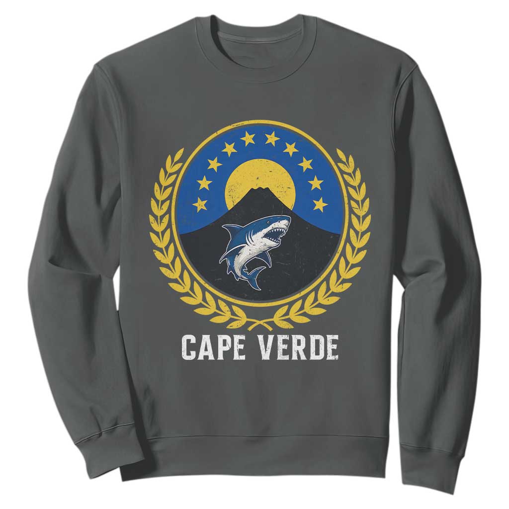 Cape Verde Volcano Blue Sharks Gold Laurel Crest Graphic Sweatshirt Retro Cabo Verde Heritage Pride TS02 Dark Heather Print Your Wear