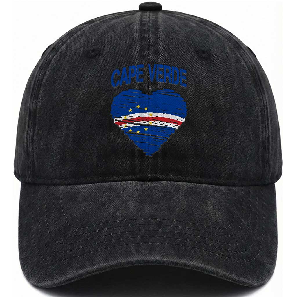 Cape Verde Scribble Flag Heart National Pride Washed Cotton Baseball Cap Cabo Verde Love TS02 Print Your Wear