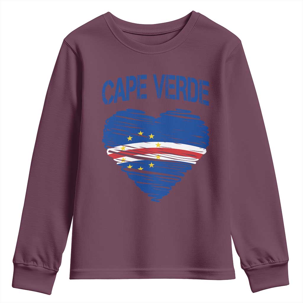 Cape Verde Scribble Flag Heart National Pride Youth Sweatshirt Cabo Verde Love TS02 Maroon Print Your Wear