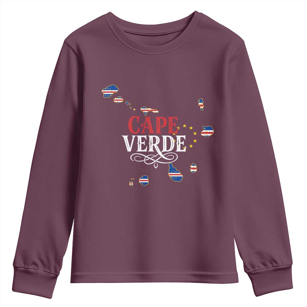 Cabo Verde Islands Flag Map Youth Sweatshirt Cape Verde Vintage Pride TS02 Maroon Print Your Wear