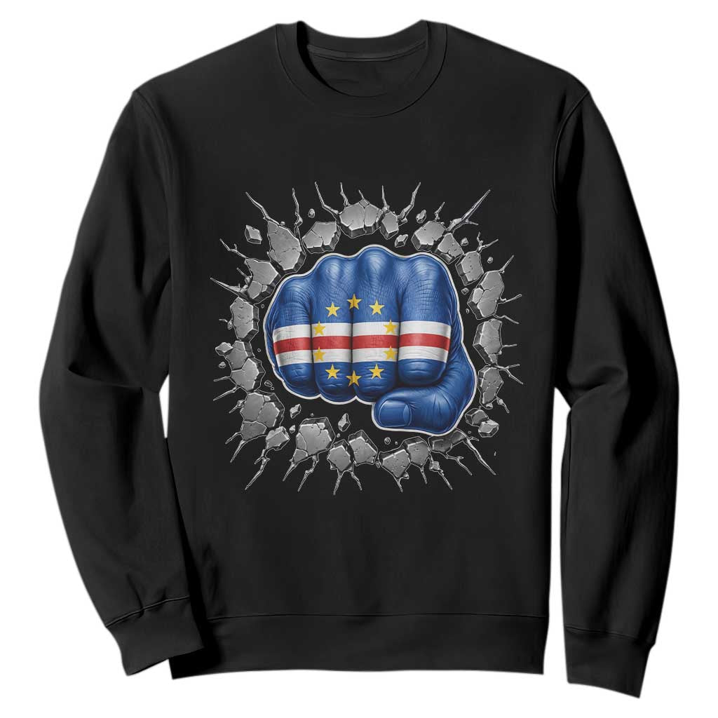 Cape Verde Flag Fist Power Stone Wall Break Graphic Sweatshirt Cabo Verde Strong Roots National Pride TS02 Black Print Your Wear