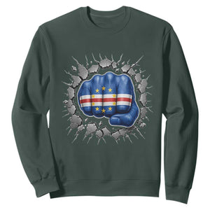 Cape Verde Flag Fist Power Stone Wall Break Graphic Sweatshirt Cabo Verde Strong Roots National Pride TS02 Dark Forest Green Print Your Wear