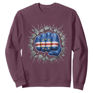 Cape Verde Flag Fist Power Stone Wall Break Graphic Sweatshirt Cabo Verde Strong Roots National Pride TS02 Maroon Print Your Wear