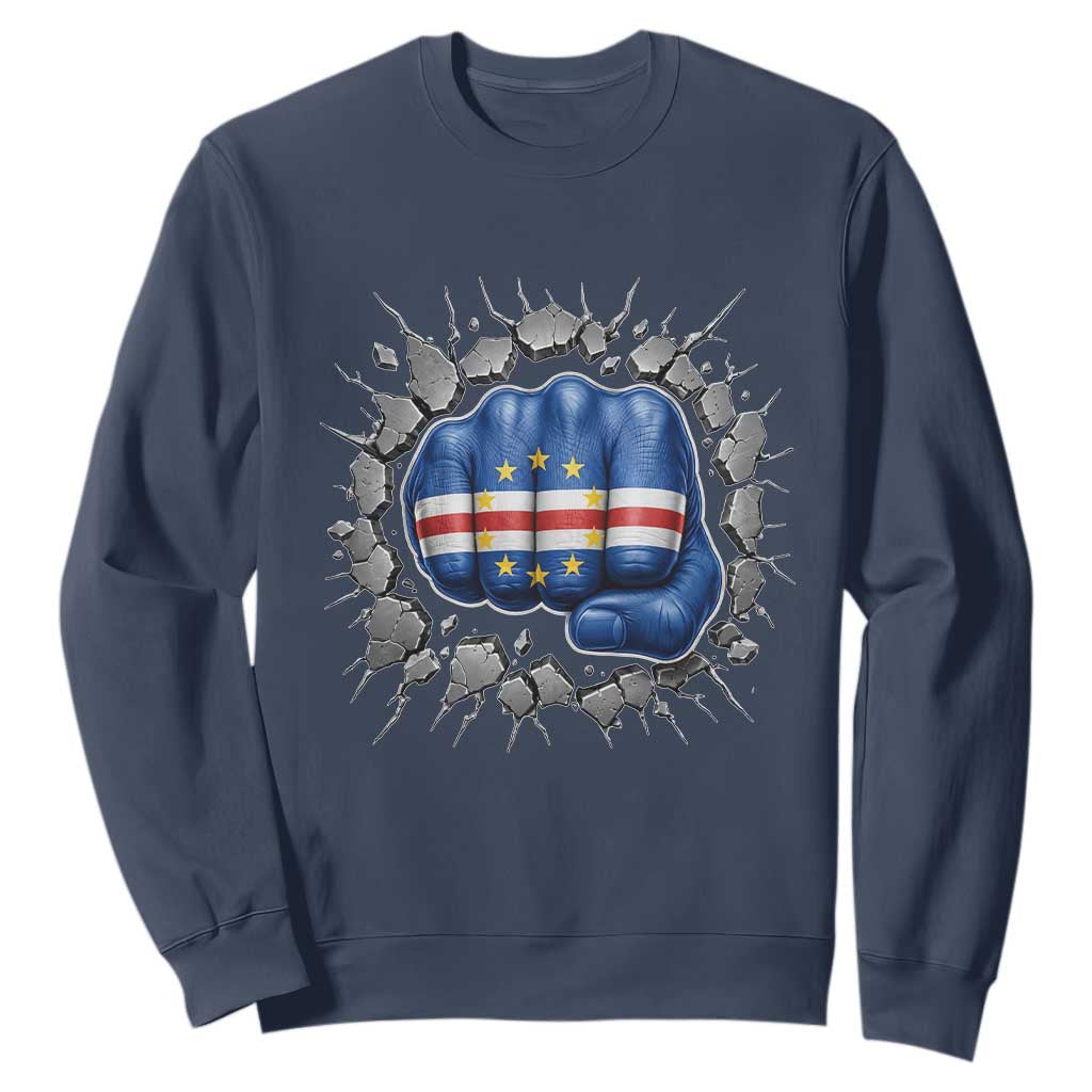 Cape Verde Flag Fist Power Stone Wall Break Graphic Sweatshirt Cabo Verde Strong Roots National Pride TS02 Navy Print Your Wear