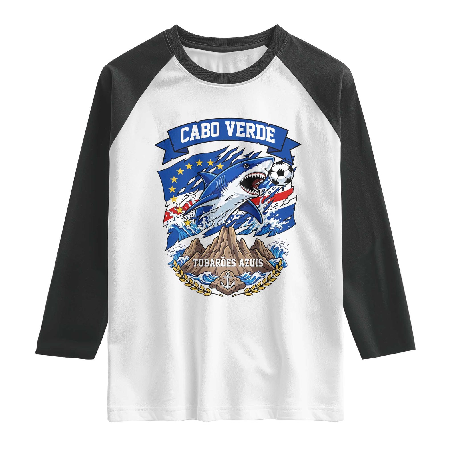 Cabo Verde Tubarões Azuis Soccer Pride Raglan Shirt Cape Verde Blue Sharks Football Fans TS02 White Black Print Your Wear