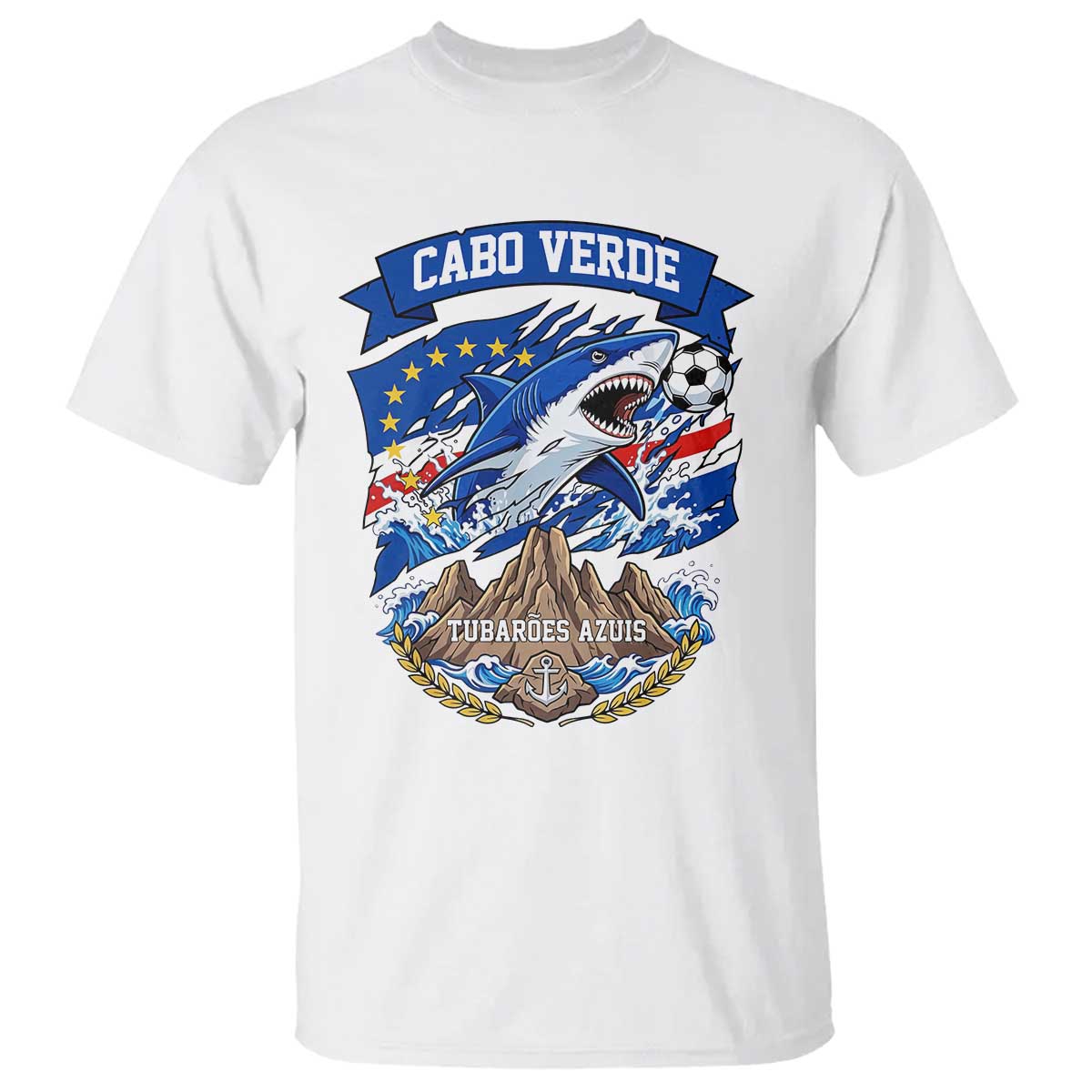Cabo Verde Tubarões Azuis Soccer Pride T Shirt Cape Verde Blue Sharks Football Fans TS02 White Print Your Wear