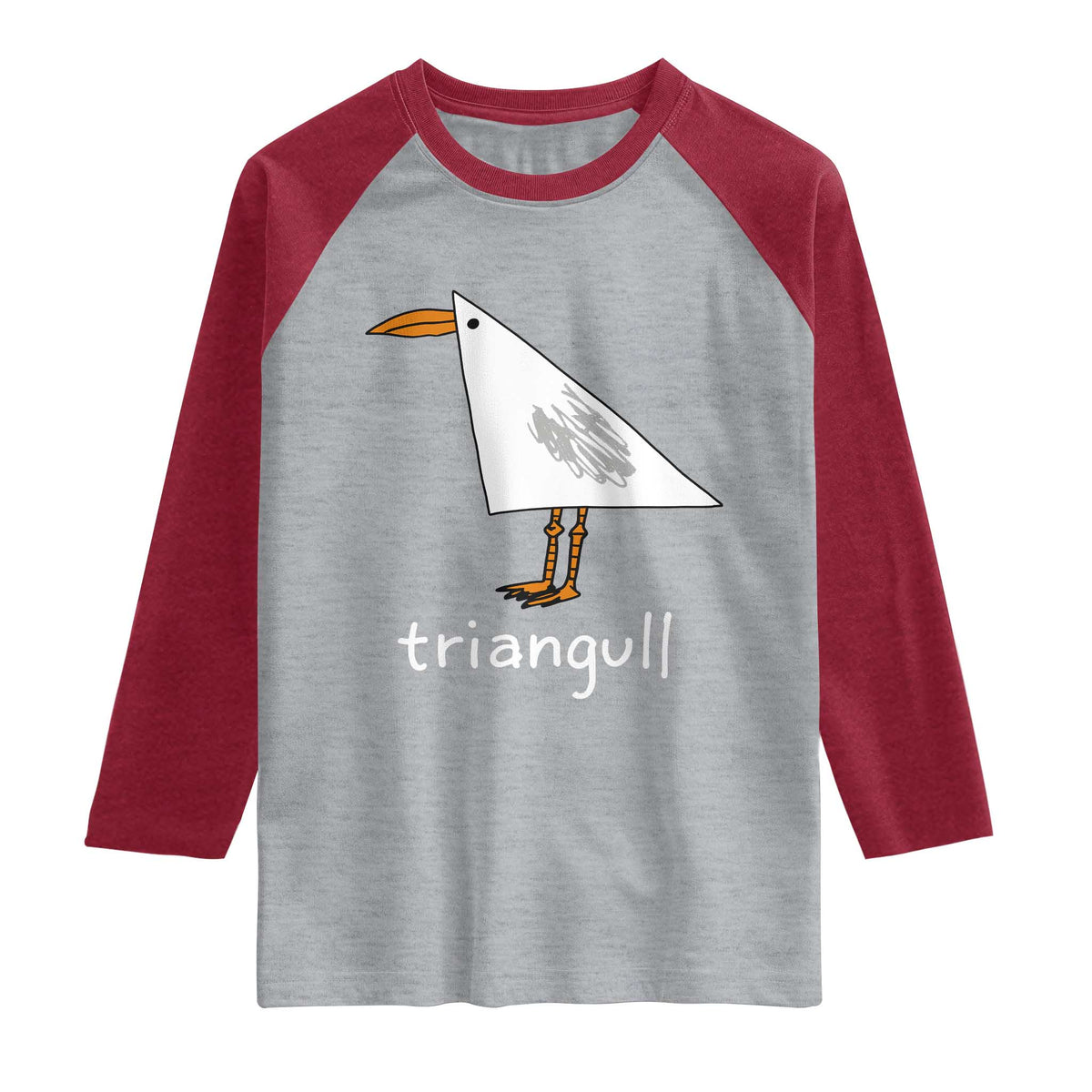 Triangull Funny Triangle Seagull Meme Raglan Shirt Geometry Bird Pun Minimalist Coastal Graphic TS02 Heather Gray Heather Red Print Your Wear