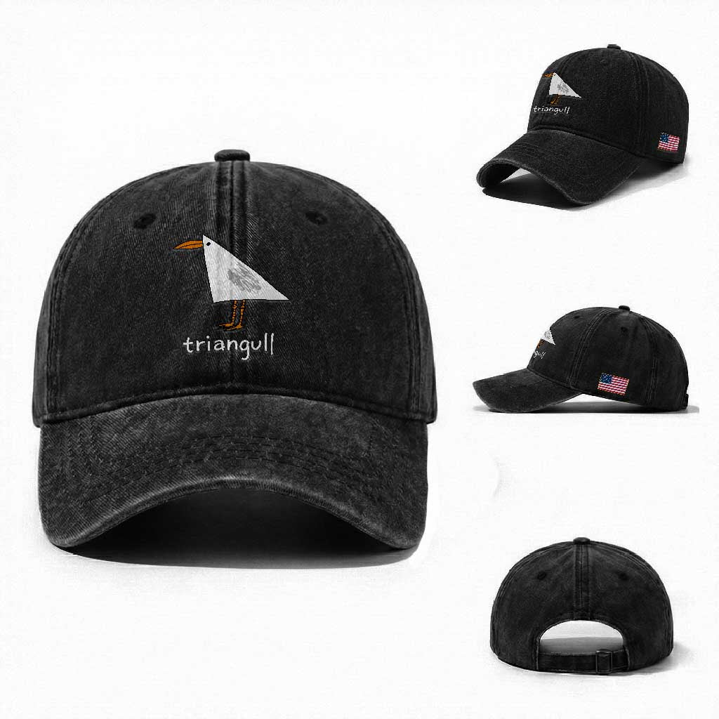 Triangull Funny Triangle Seagull Meme Washed Cotton Baseball Cap Geometry Bird Pun Minimalist Coastal Graphic TS02 Washed Cap Universal Fit Black Print Your Wear