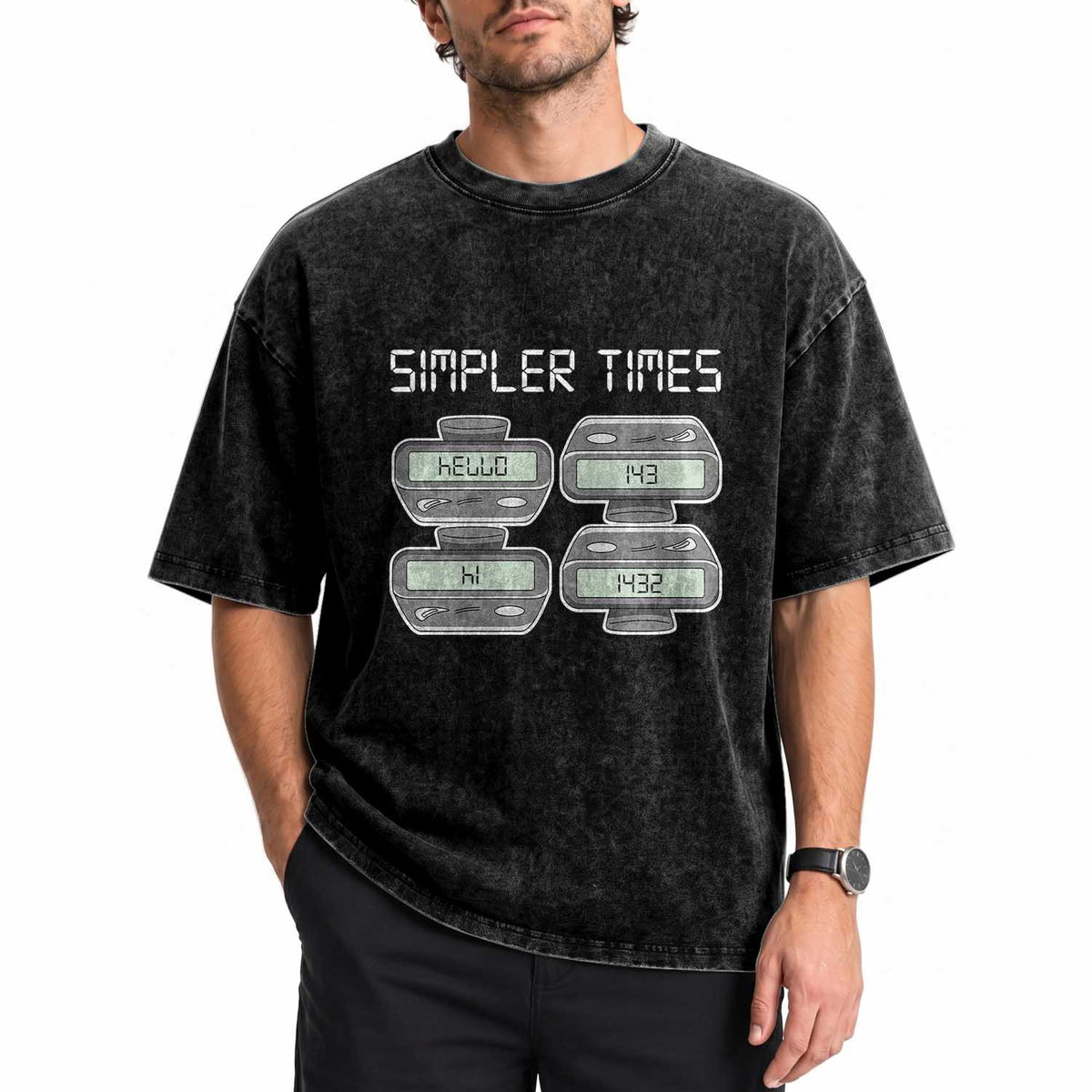 Simpler Times Retro Pager Code Nostalgia 90s Washed Cotton T-Shirt 07734 143 14 1432 Vintage Beeper Graphic