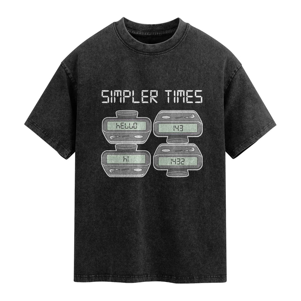 Simpler Times Retro Pager Code Nostalgia 90s Washed Cotton T-Shirt 07734 143 14 1432 Vintage Beeper Graphic