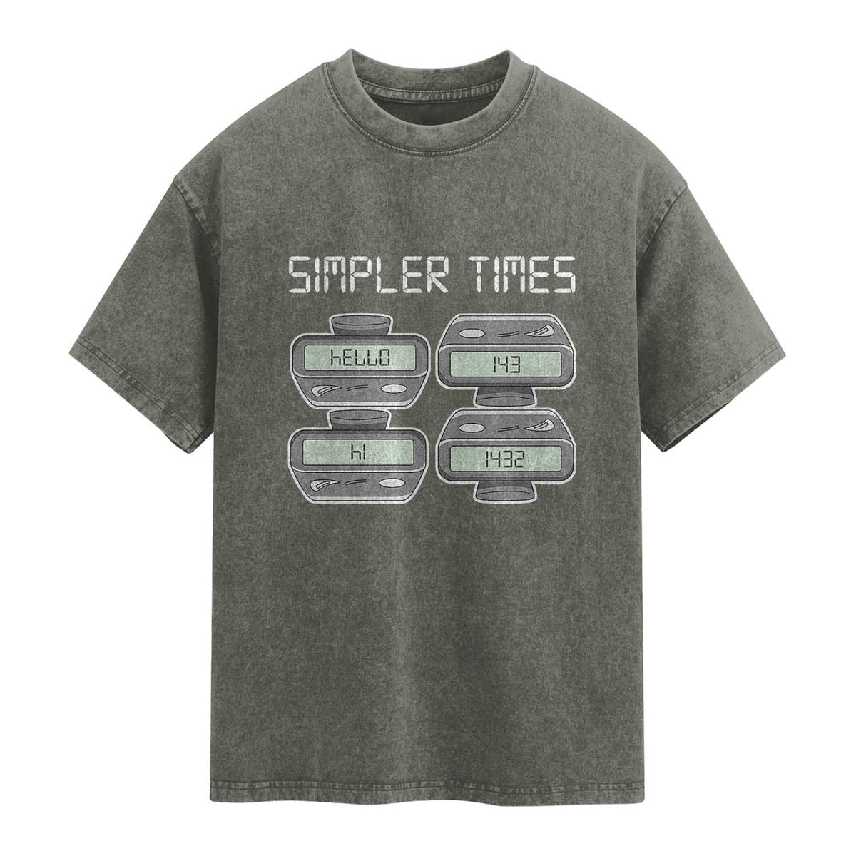 Simpler Times Retro Pager Code Nostalgia 90s Washed Cotton T-Shirt 07734 143 14 1432 Vintage Beeper Graphic
