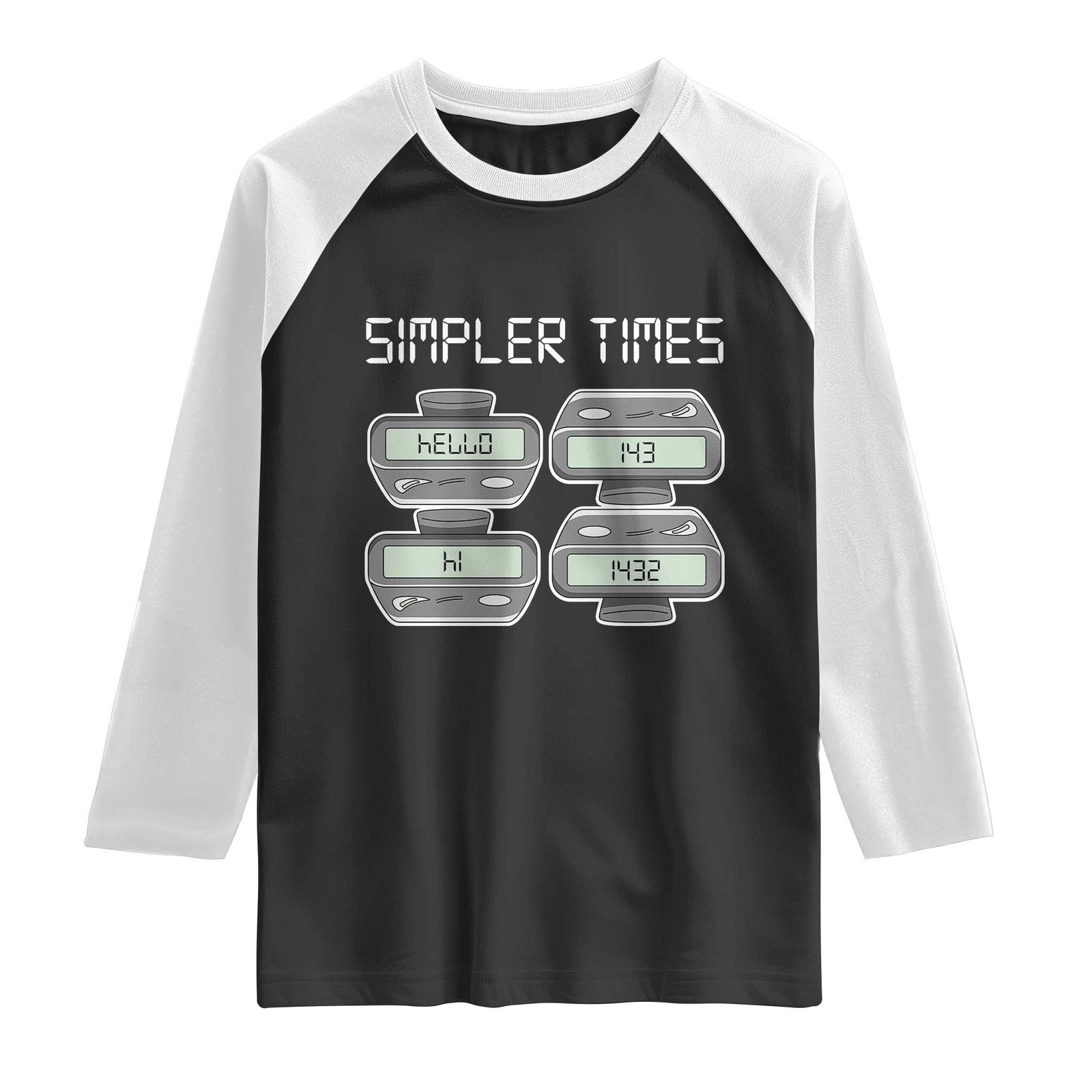 Simpler Times Retro Pager Code Nostalgia 90s Raglan Shirt 07734 143 14 1432 Vintage Beeper Graphic