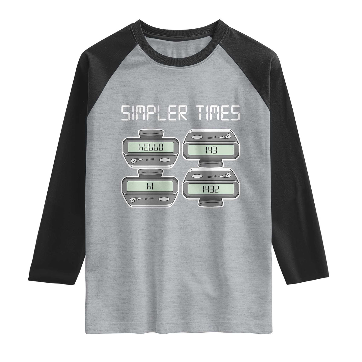 Simpler Times Retro Pager Code Nostalgia 90s Raglan Shirt 07734 143 14 1432 Vintage Beeper Graphic