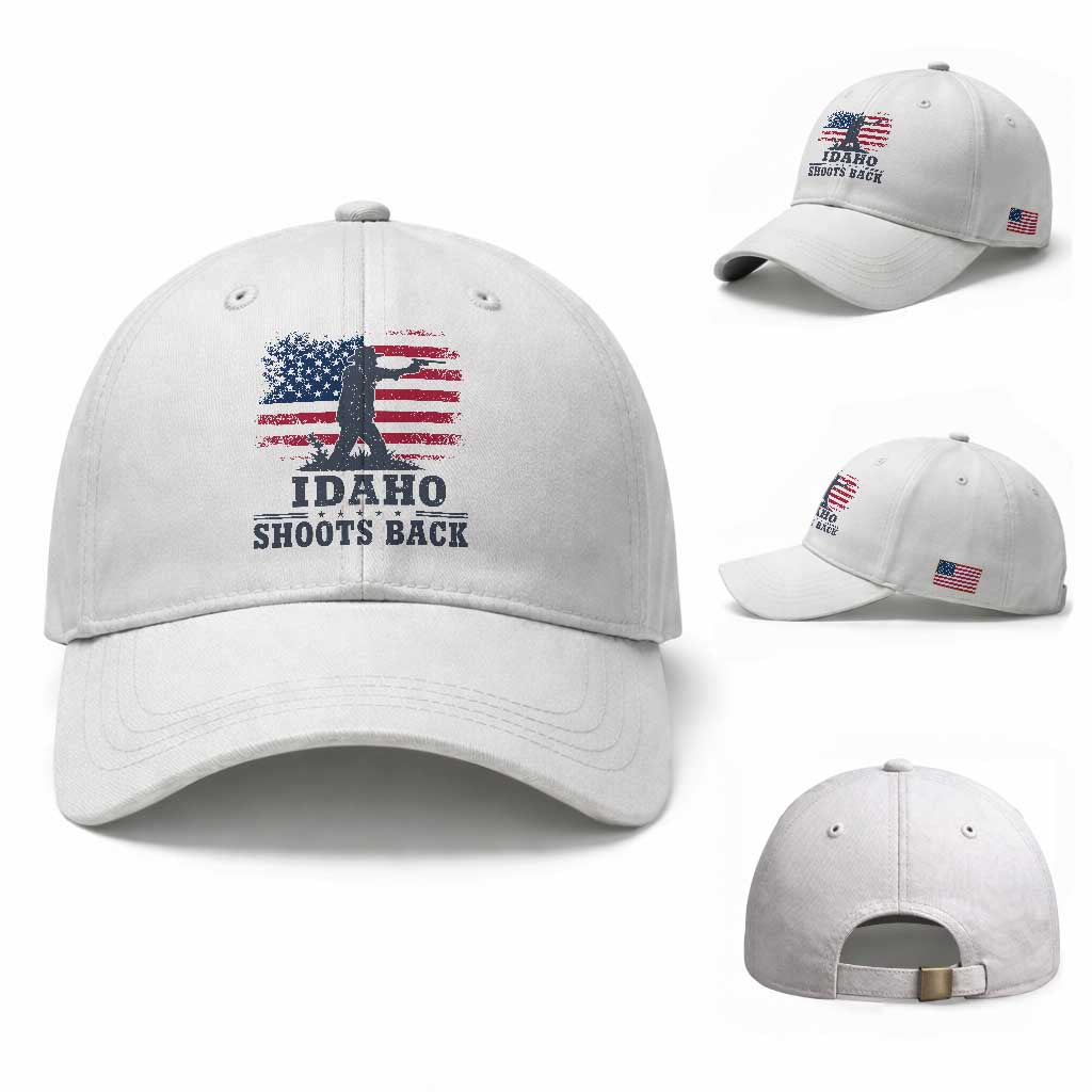 Idaho Shoots Back Distressed American Flag Baseball Cap Cowboy Gunslinger Graphic TS02 Baseball Cap Universal Fit White Print Your Wear