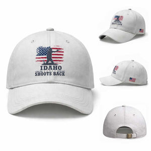 Idaho Shoots Back Distressed American Flag Baseball Cap Cowboy Gunslinger Graphic TS02 Baseball Cap Universal Fit White Print Your Wear