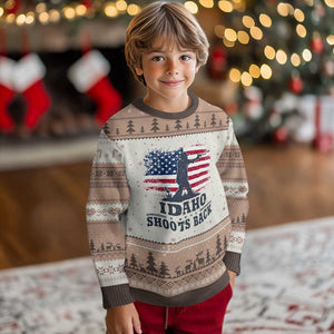 Idaho Shoots Back Distressed American Flag Ugly Christmas Sweater Cowboy Gunslinger Graphic TS02 Mocha Mousse Print Your Wear