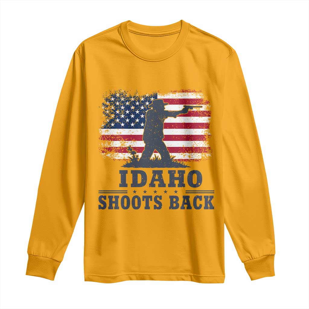 Idaho Shoots Back Distressed American Flag Long Sleeve Shirt Cowboy Gunslinger Graphic TS02 Gold Print Your Wear