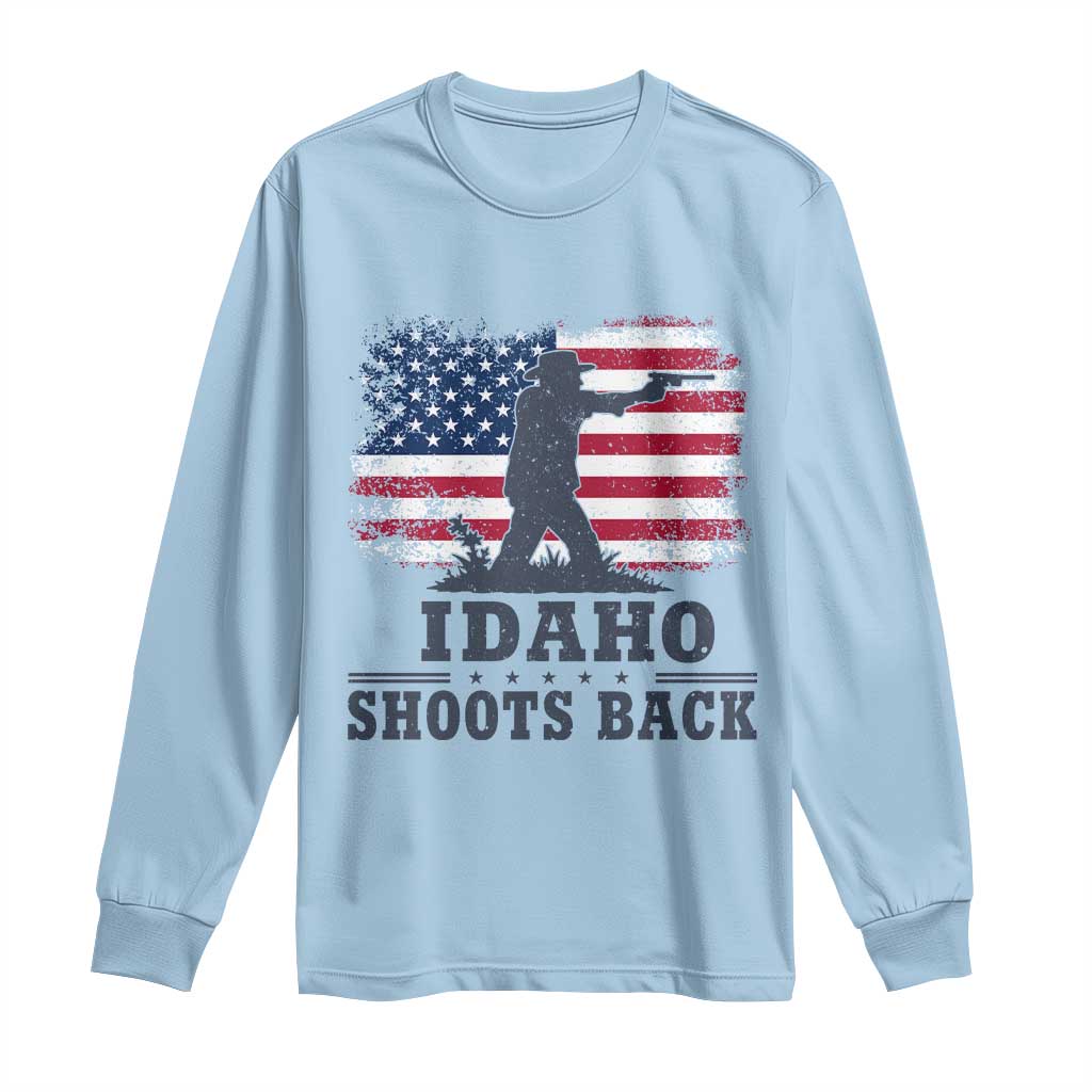Idaho Shoots Back Distressed American Flag Long Sleeve Shirt Cowboy Gunslinger Graphic TS02 Light Blue Print Your Wear
