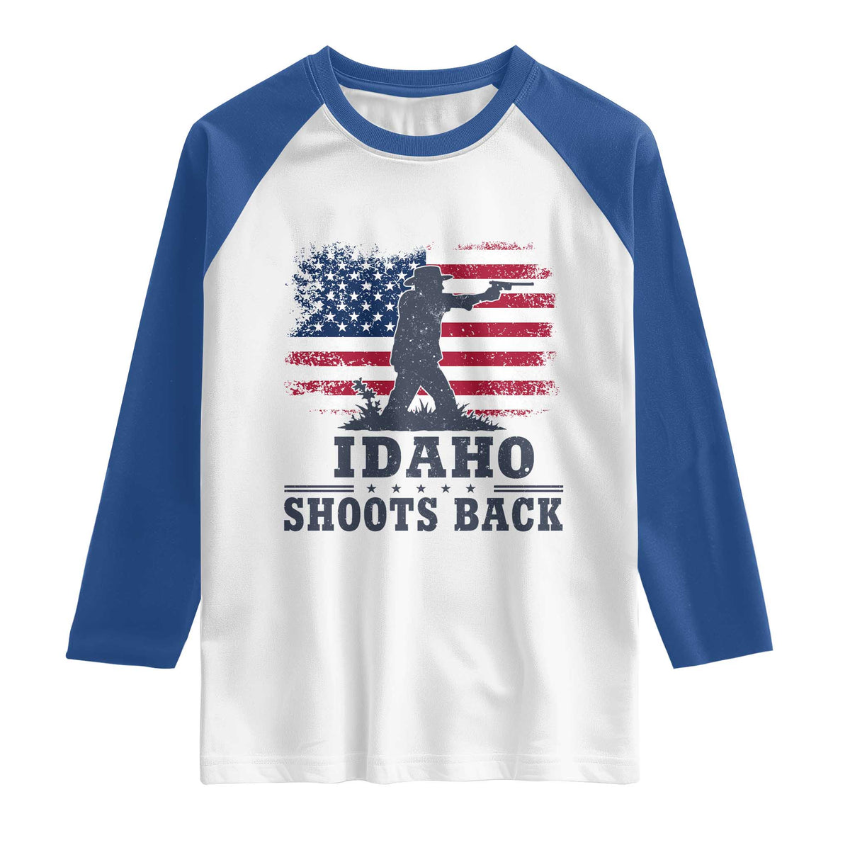 Idaho Shoots Back Distressed American Flag Raglan Shirt Cowboy Gunslinger Graphic TS02 White Royal Print Your Wear