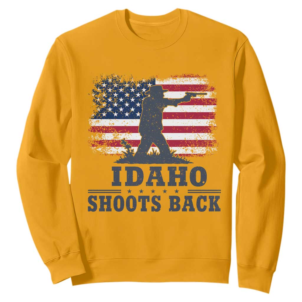 Idaho Shoots Back Distressed American Flag Sweatshirt Cowboy Gunslinger Graphic TS02 Gold Print Your Wear