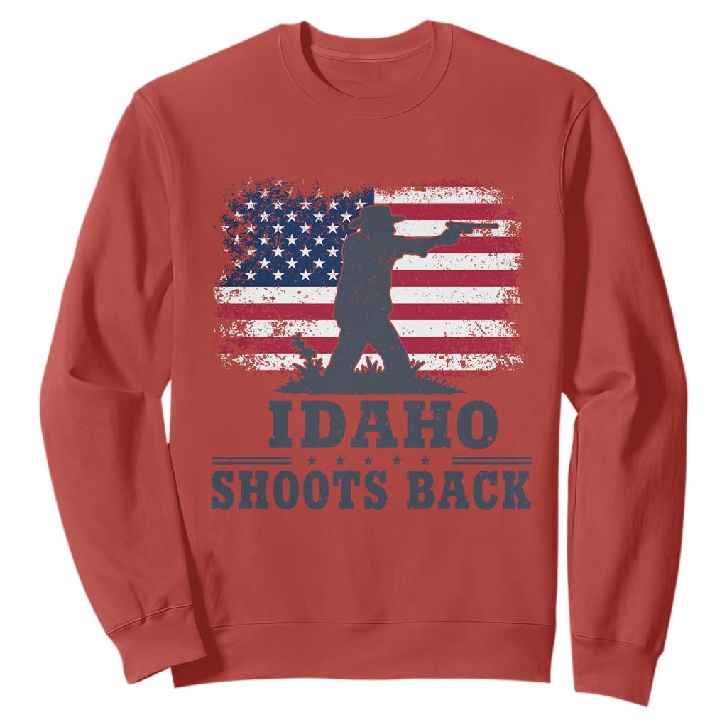Idaho Shoots Back Distressed American Flag Sweatshirt Cowboy Gunslinger Graphic TS02 Red Print Your Wear