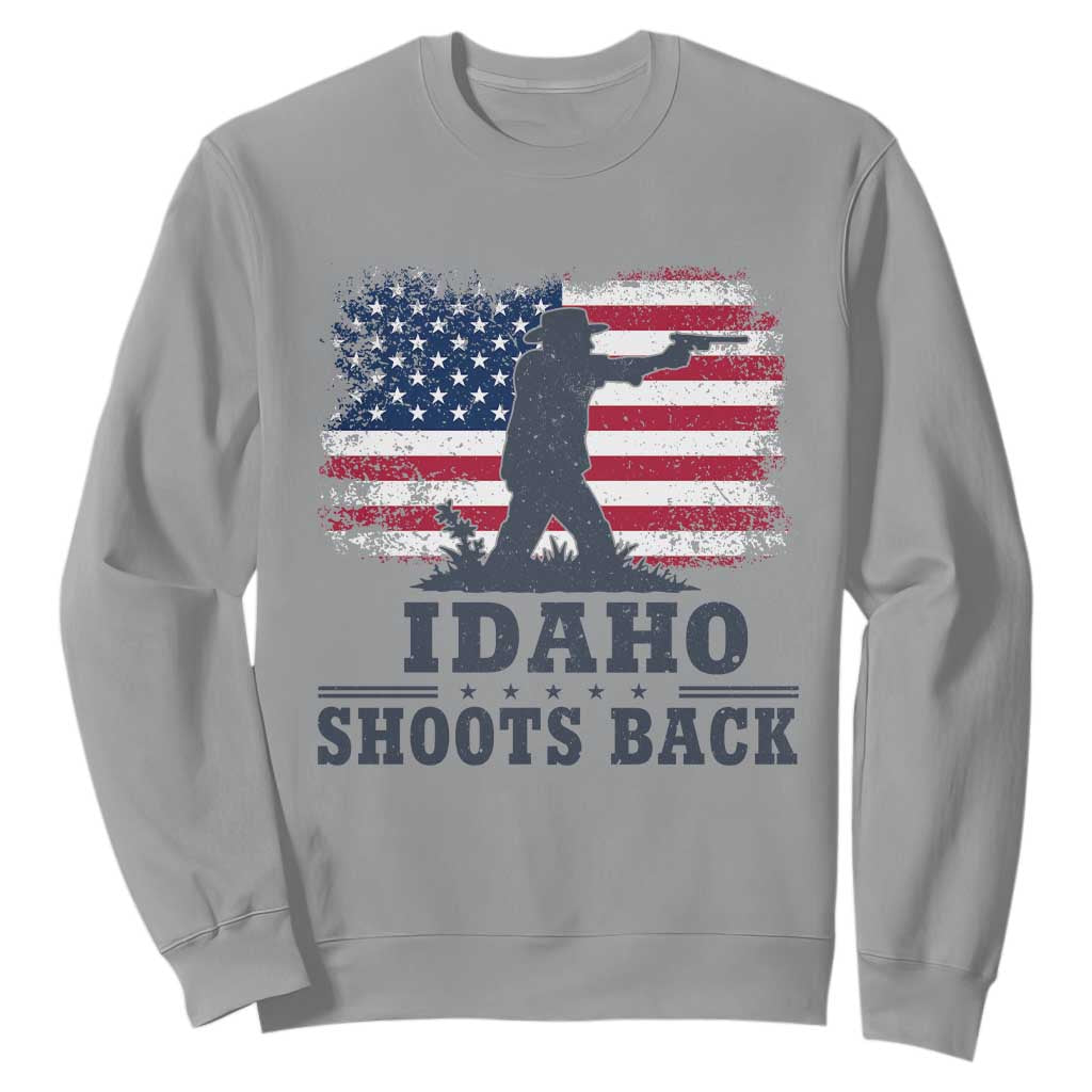 Idaho Shoots Back Distressed American Flag Sweatshirt Cowboy Gunslinger Graphic TS02 Sport Gray Print Your Wear