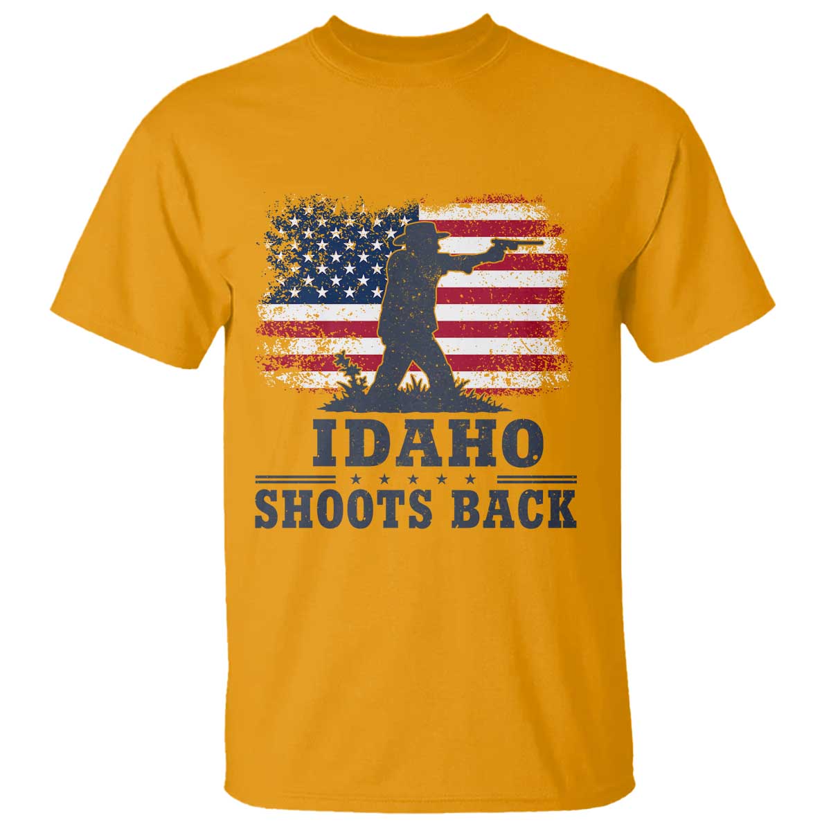 Idaho Shoots Back Distressed American Flag T Shirt Cowboy Gunslinger Graphic TS02 Gold Print Your Wear