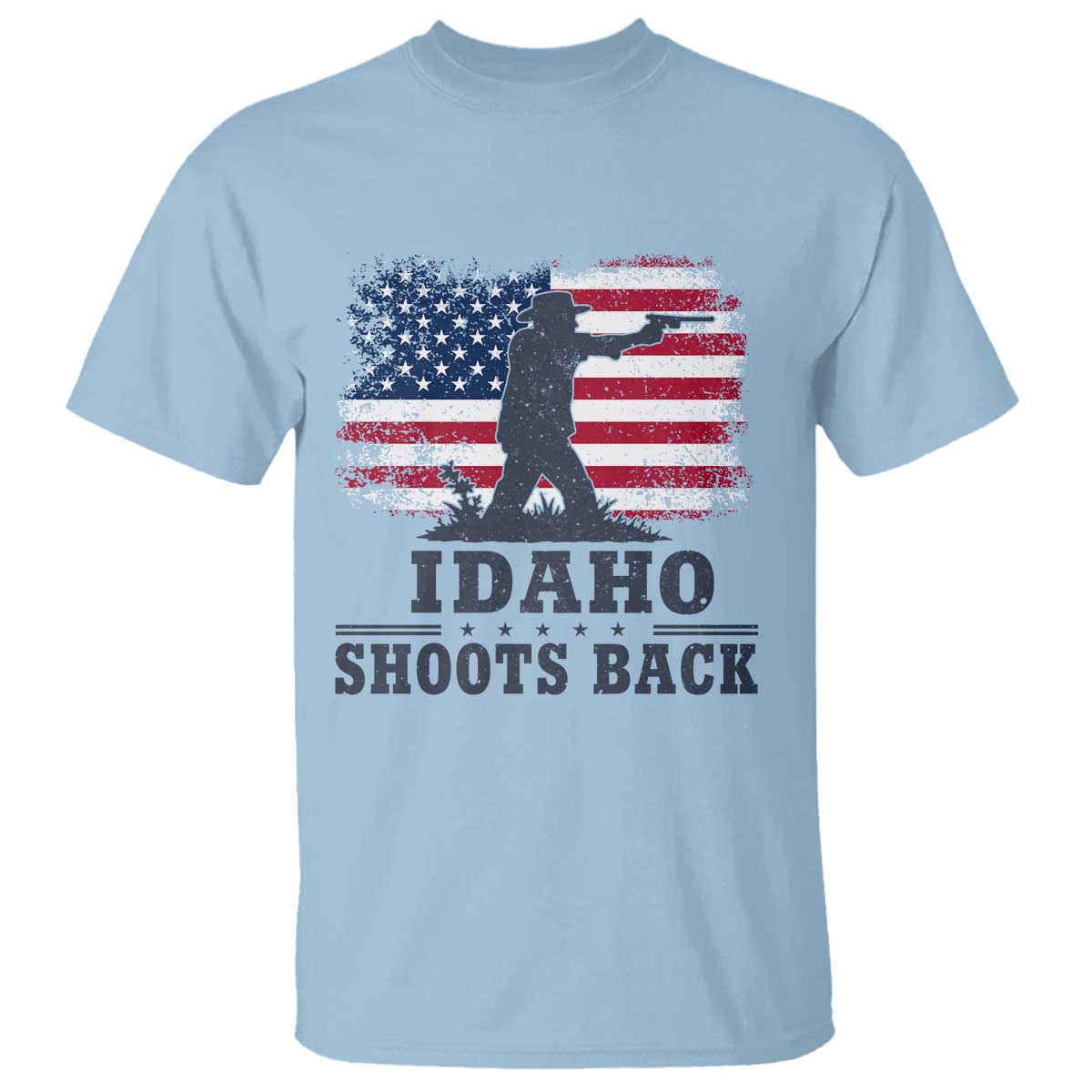 Idaho Shoots Back Distressed American Flag T Shirt Cowboy Gunslinger Graphic TS02 Light Blue Print Your Wear