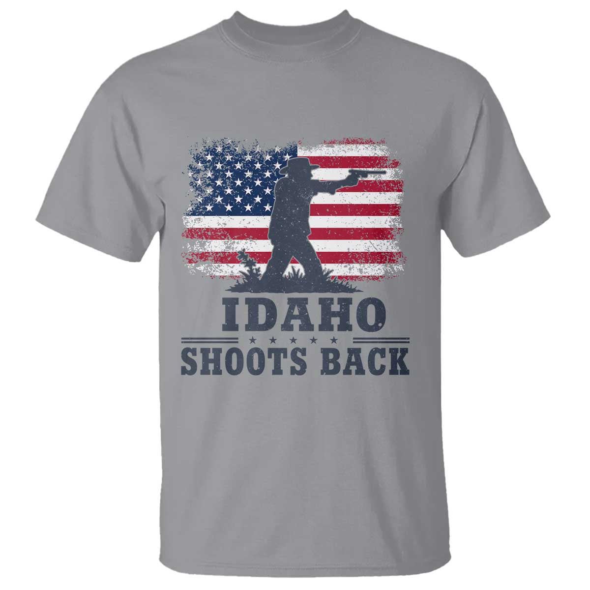 Idaho Shoots Back Distressed American Flag T Shirt Cowboy Gunslinger Graphic TS02 Sport Gray Print Your Wear