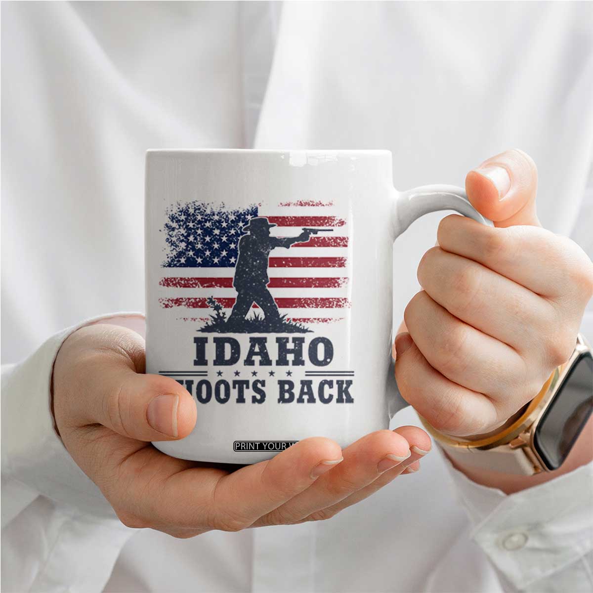 Idaho Shoots Back Distressed American Flag Coffee Mug Cowboy Gunslinger Graphic TS02 Print Your Wear