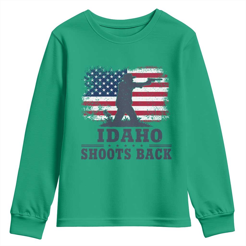 Idaho Shoots Back Distressed American Flag Youth Sweatshirt Cowboy Gunslinger Graphic TS02 Irish Green Print Your Wear