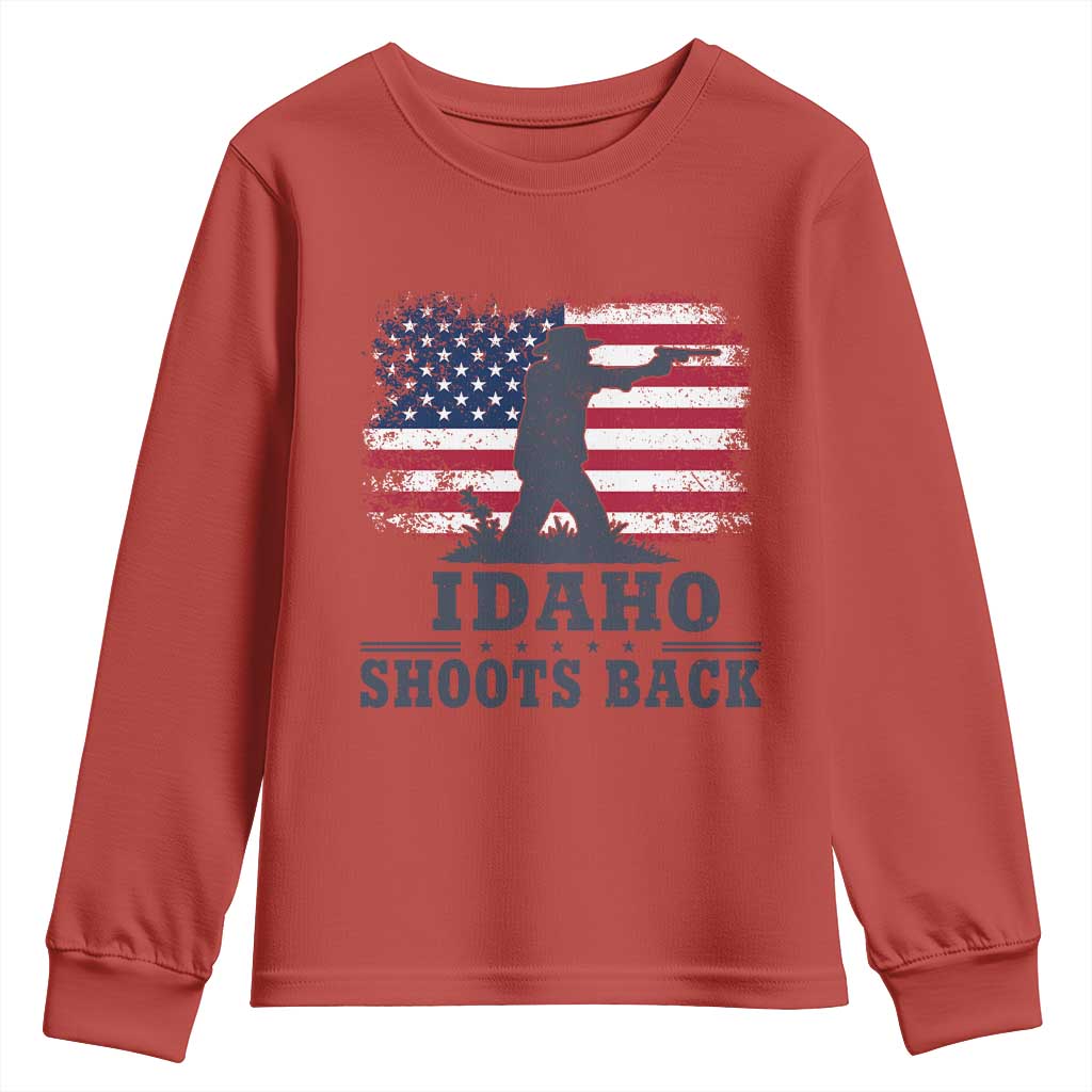 Idaho Shoots Back Distressed American Flag Youth Sweatshirt Cowboy Gunslinger Graphic TS02 Red Print Your Wear