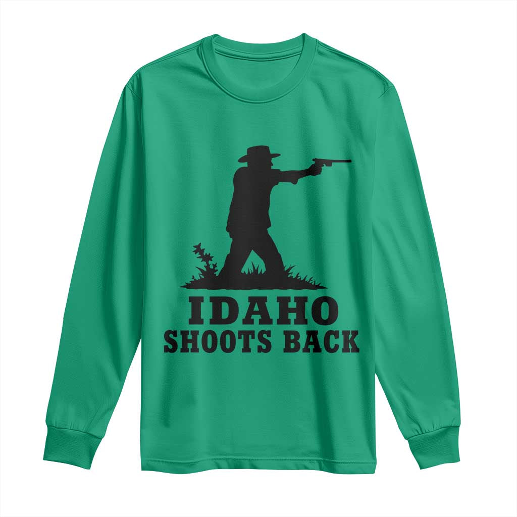 Idaho Shoots Back Minimalist Gunslinger Silhouette State Pride Graphic Long Sleeve Shirt TS02 Irish Green Print Your Wear