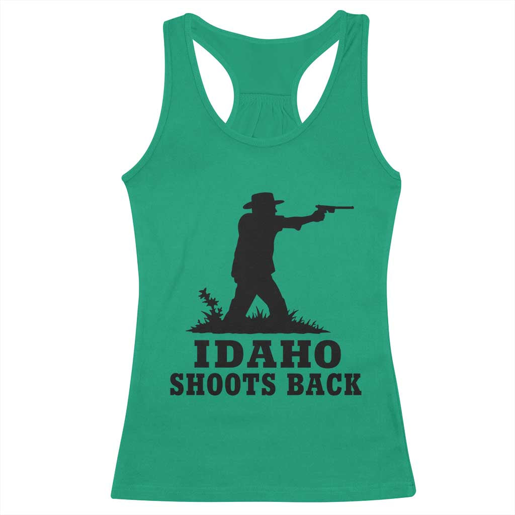 Idaho Shoots Back Minimalist Gunslinger Silhouette State Pride Graphic Racerback Tank Top TS02 Irish Green Print Your Wear