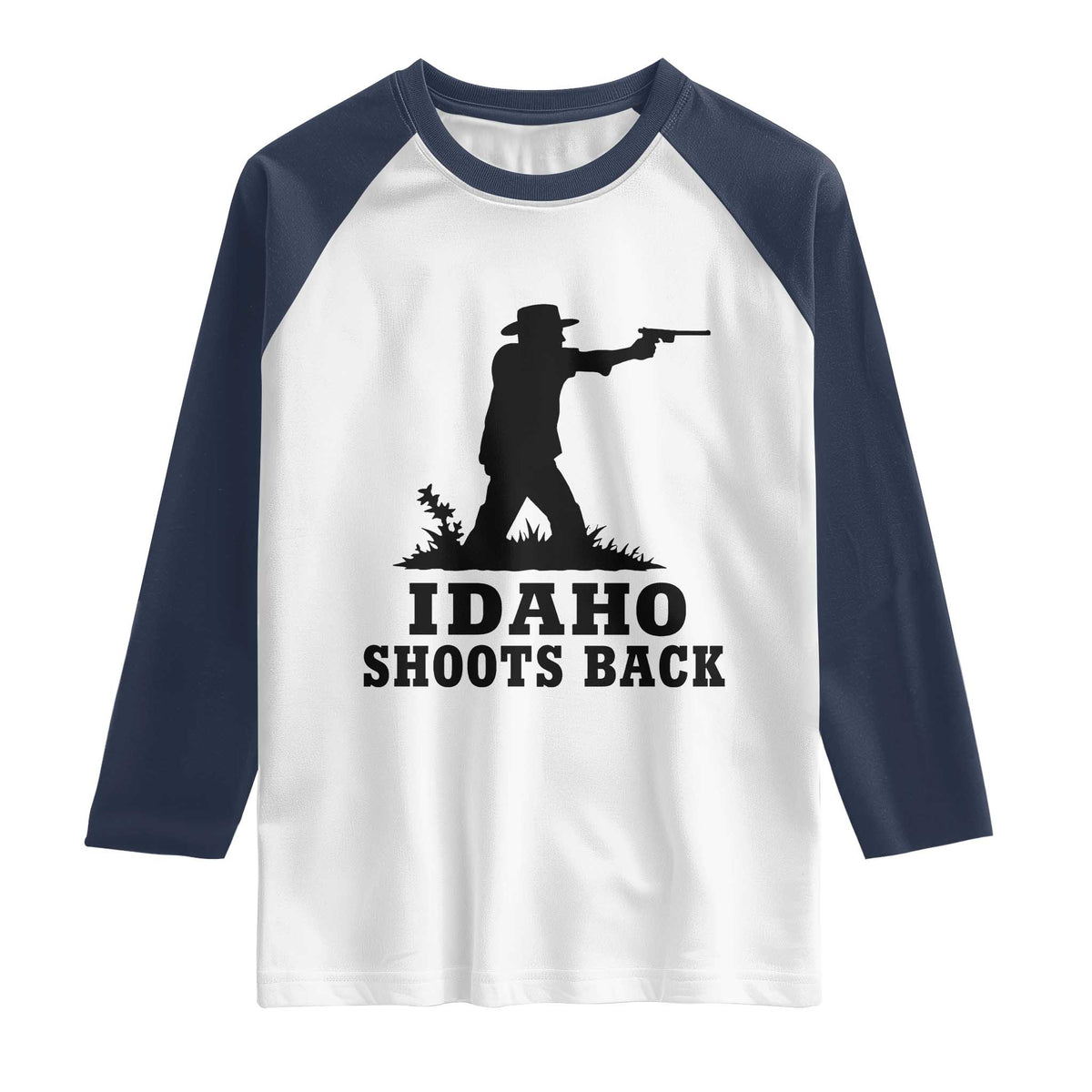 Idaho Shoots Back Minimalist Gunslinger Silhouette State Pride Graphic Raglan Shirt TS02 White Navy Print Your Wear