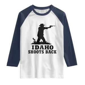 Idaho Shoots Back Minimalist Gunslinger Silhouette State Pride Graphic Raglan Shirt TS02 White Navy Print Your Wear