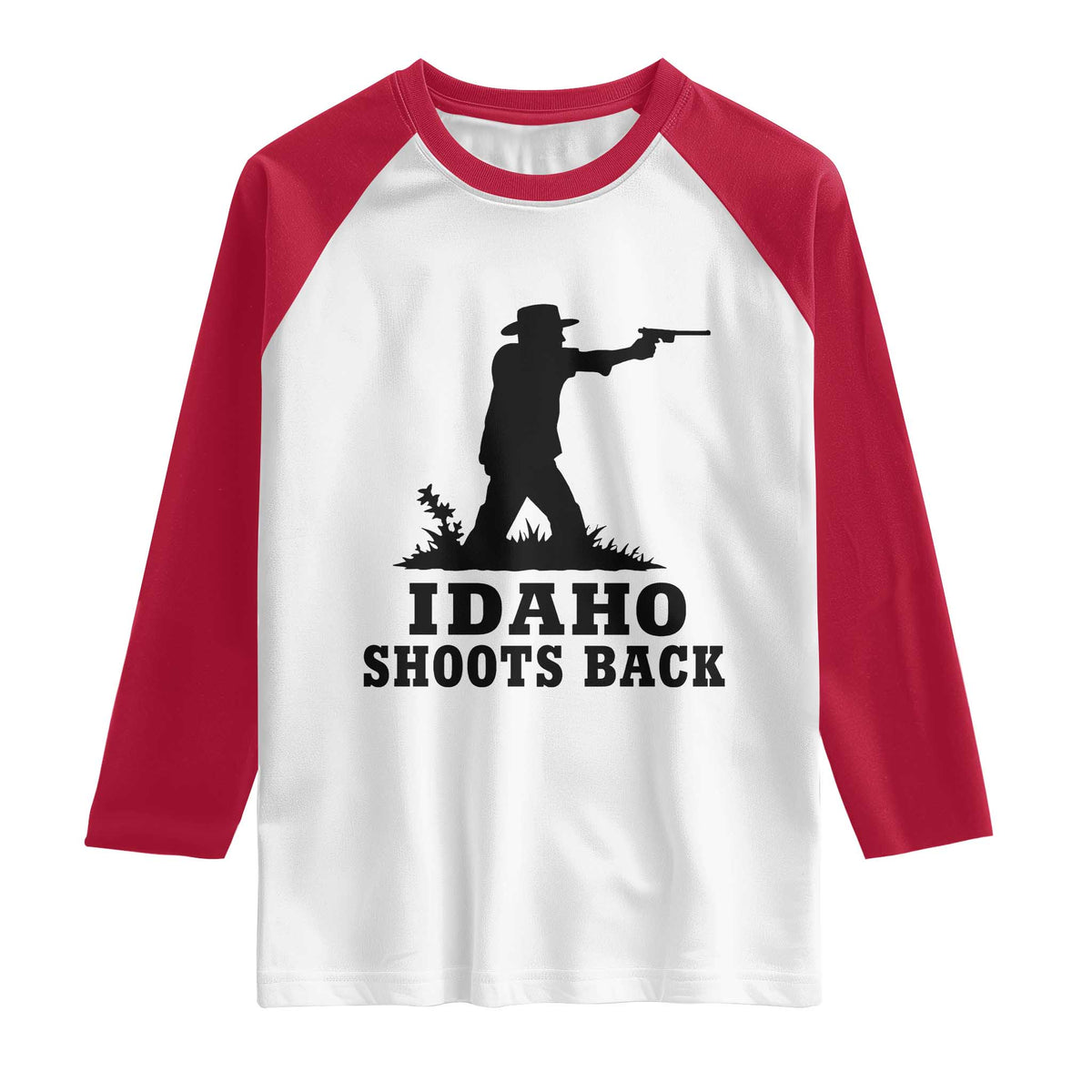 Idaho Shoots Back Minimalist Gunslinger Silhouette State Pride Graphic Raglan Shirt TS02 White Red Print Your Wear