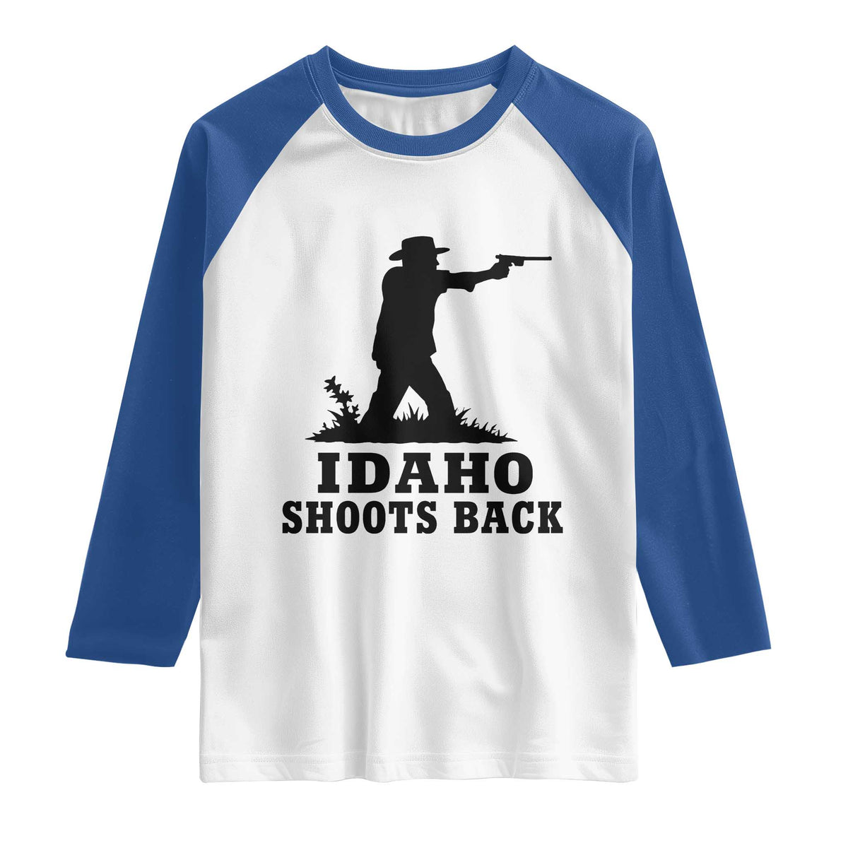 Idaho Shoots Back Minimalist Gunslinger Silhouette State Pride Graphic Raglan Shirt TS02 White Royal Print Your Wear