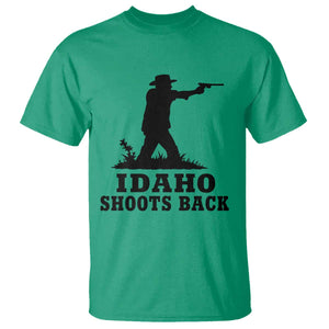 Idaho Shoots Back Minimalist Gunslinger Silhouette State Pride Graphic T Shirt TS02 Irish Green Print Your Wear